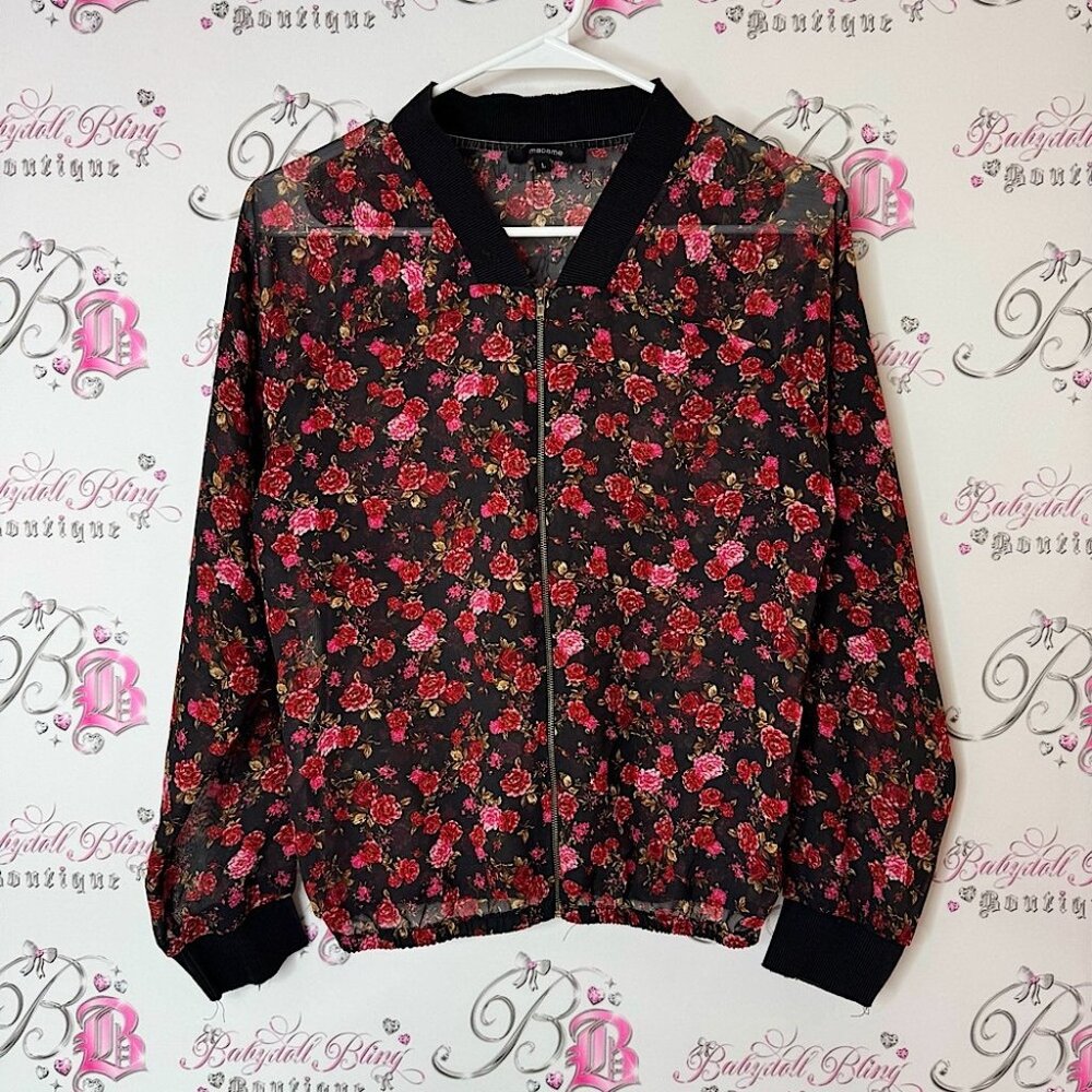 Madame jacket zip up mesh black red pink Floral Black Jacket